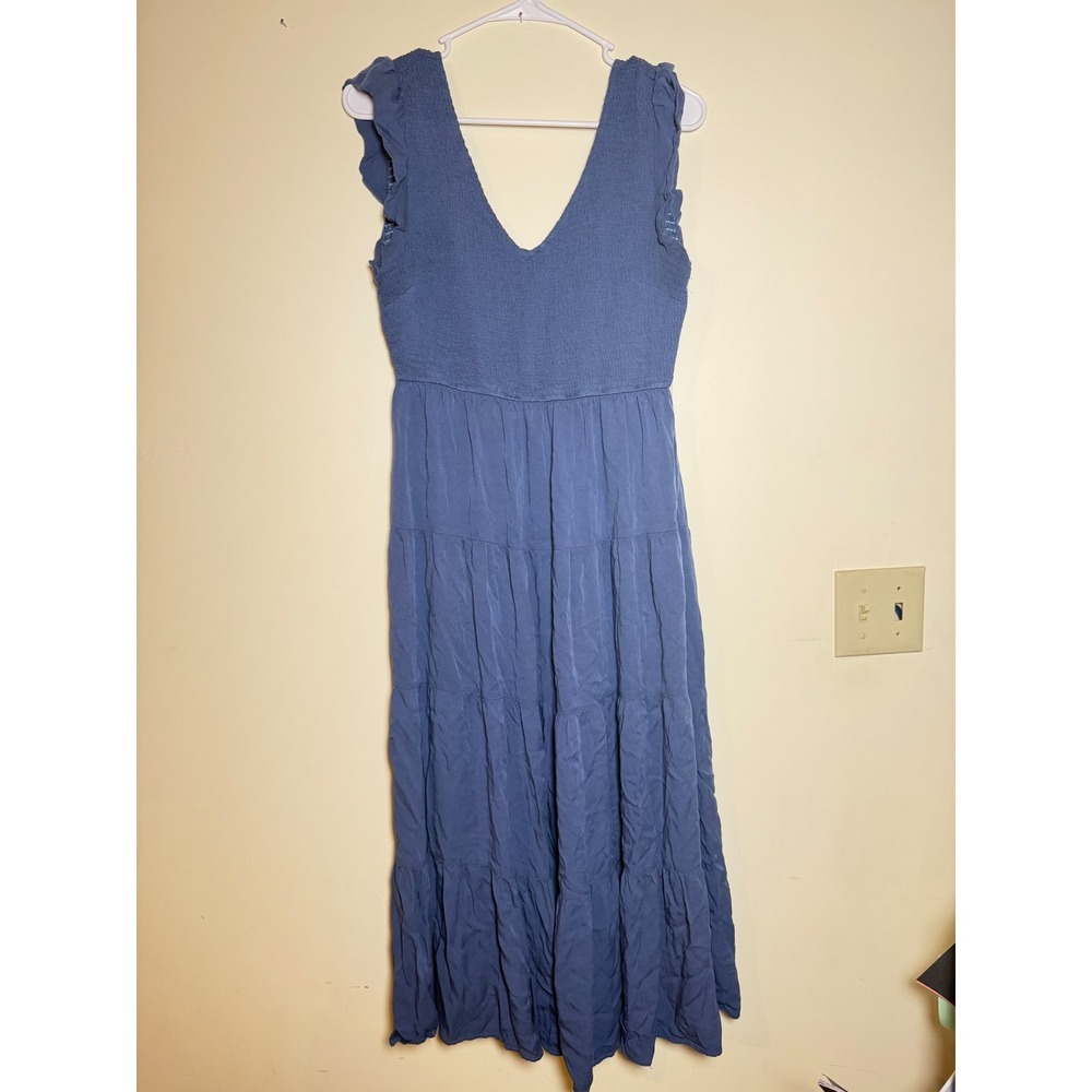 PrettyGarden Blue Smocked Tiered Midi Dress Ruffle Sleeve V-Neck Viscose Medium